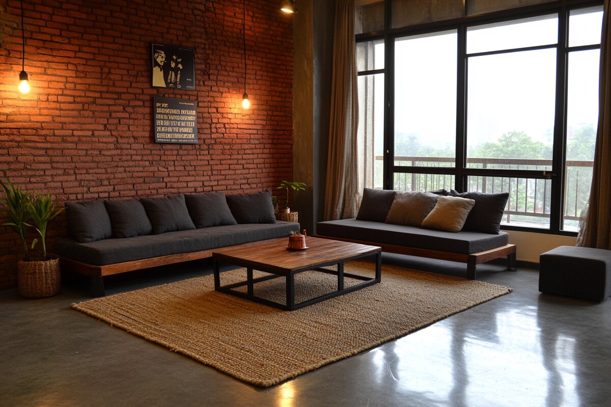 Industrial Living Room Design with Textured Sofa and Brick Accent Walls Industrial Living Room Design with Textured Sofa and Brick Accent Walls